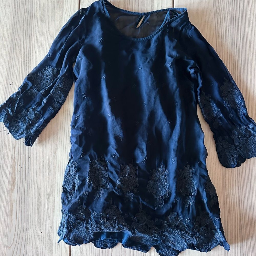 Lucky Brand Lucky dress boho chic western embroidered sheer navy dress- Size Sm